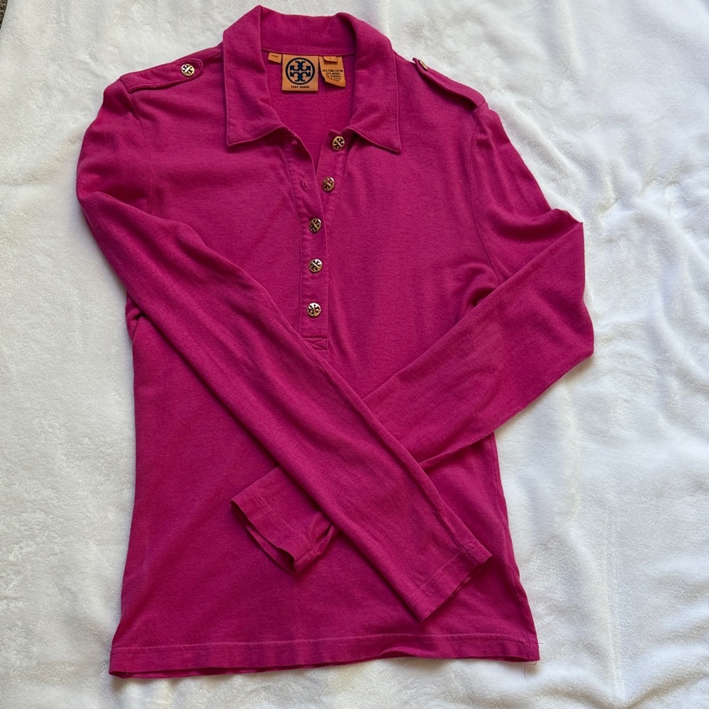 Tory Burch Fuchsia Long-Sleeve Polo with Signature Buttons